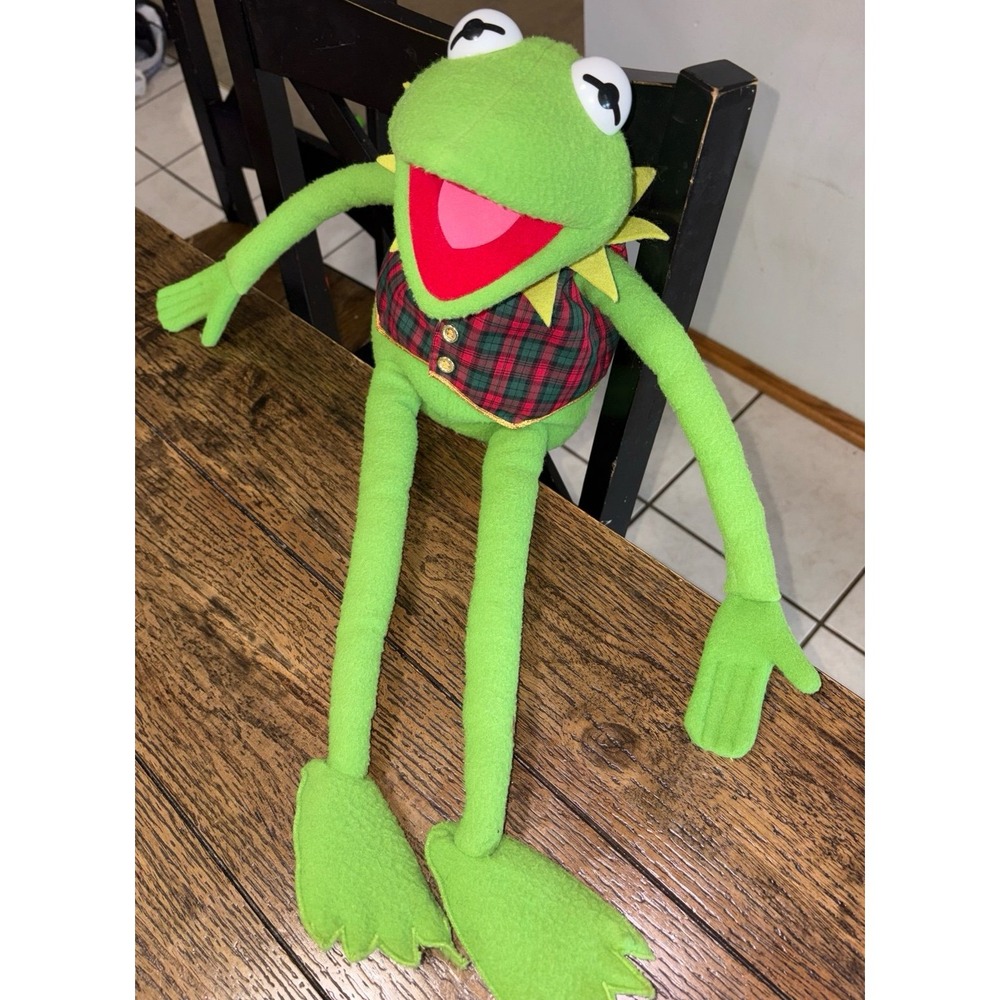 Vintage Muppets Kermit Frog Plush 24" Eden Toys Jim Henson Plaid Vest Bow Tie